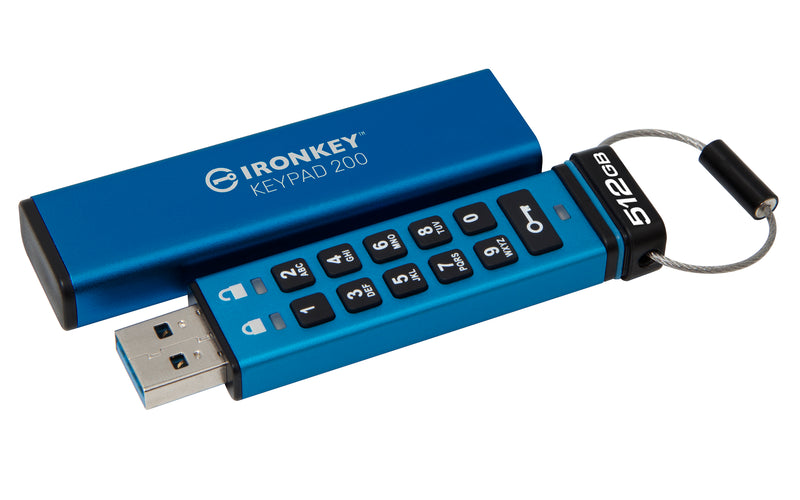 IKKP200/512GB - Pen Drive de 512GB IronKey Keypad 200 c/ criptografia FIPS 140-3, XTS-AES 256bit, multi senhas, (R=280MB/s; W=200MB/s) - conector USB-A.