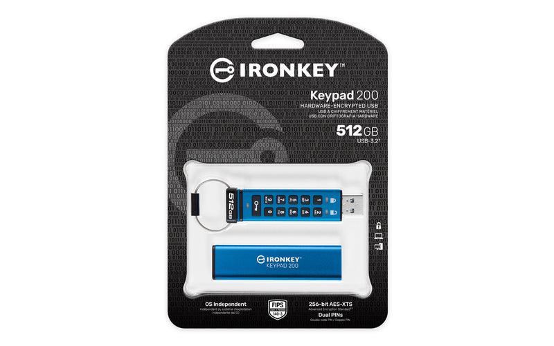 IKKP200/512GB - Pen Drive de 512GB IronKey Keypad 200 c/ criptografia FIPS 140-3, XTS-AES 256bit, multi senhas, (R=280MB/s; W=200MB/s) - conector USB-A.