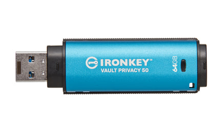 IKVP50/64GB - Pen Drive de 64GB IronKey Vault Privacy 50, com certificação FIPS 197 e criptografia XTS-AES de 256 bits.